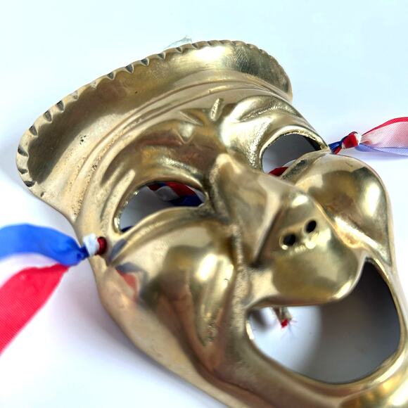 Solid Brass Theatre Mask Comedy Tragedy Face with French Ribbons 5" - Picture 3 of 6